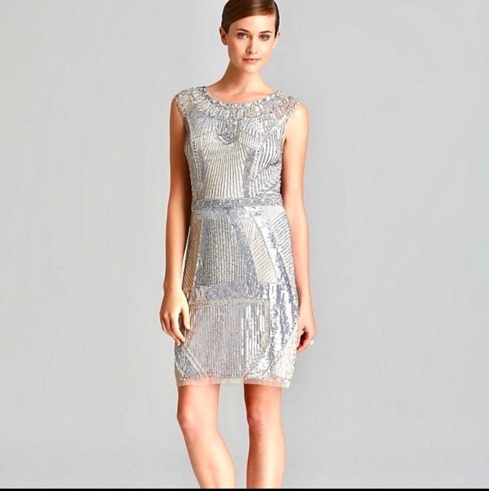 Aidon Mattox sequin silver art deco cocktail dress